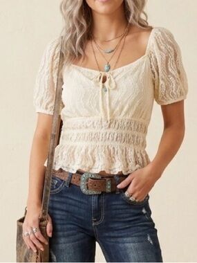 Mele E Pere Lace Peplum Top Cream Sheer Puff Sleeve Boho Cottagecore Large